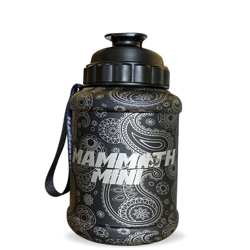 Mammoth Mini 1.5L water bottle in Matte Black Paisley - front view - Canadian hydration brand