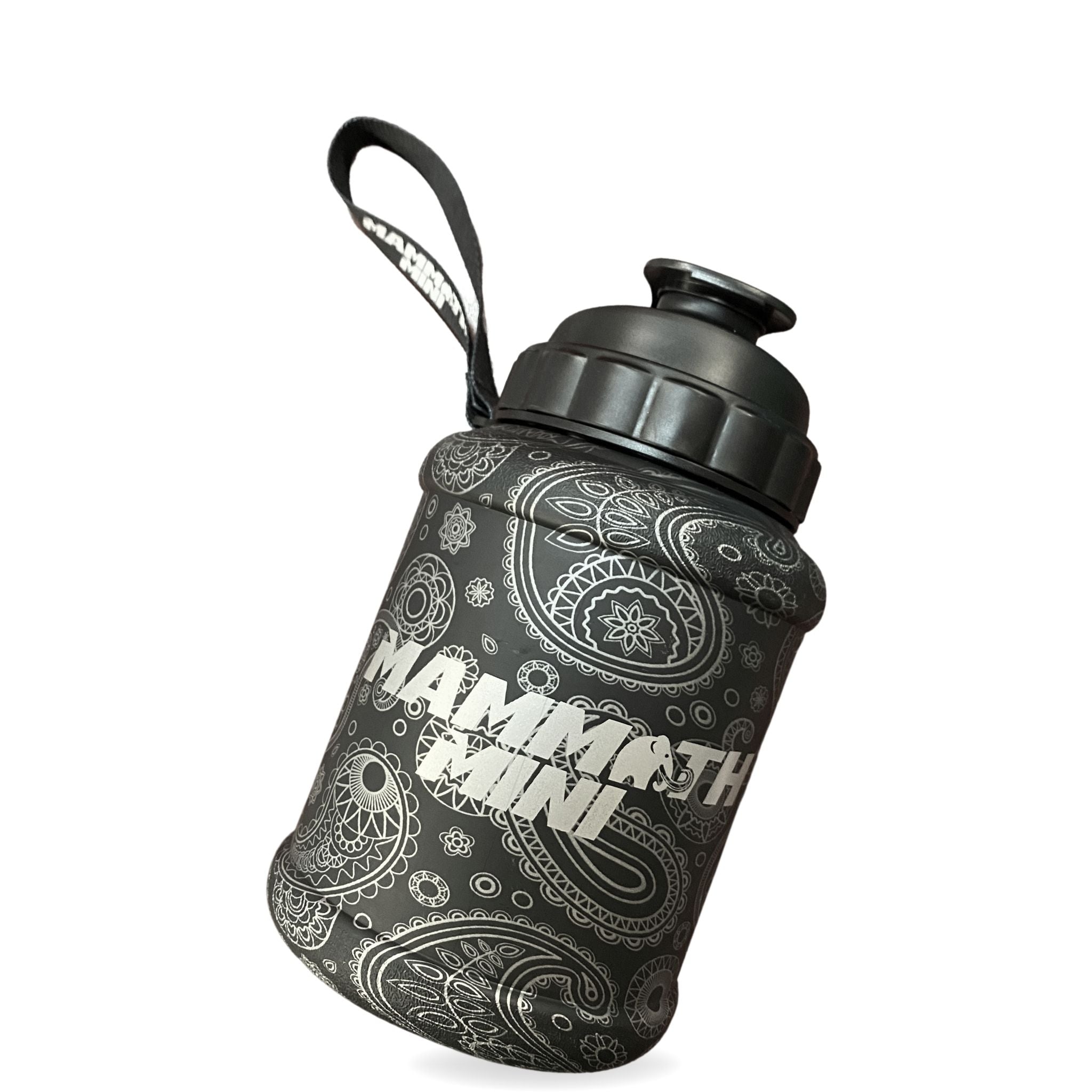 Mammoth Mini 1.5L water bottle in Matte Black Paisley - hanging view