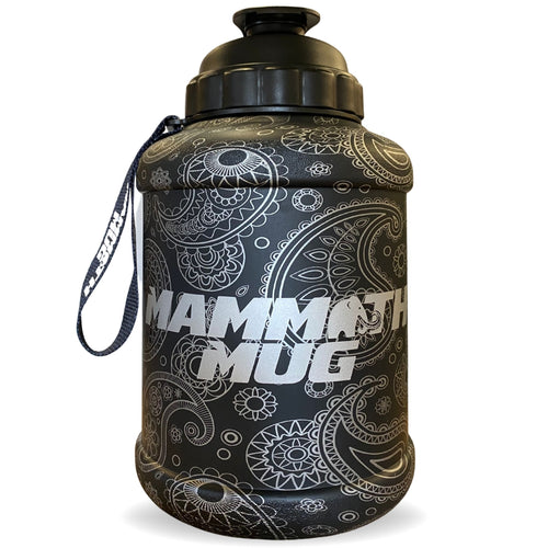 Mammoth Mug 2.5L water bottle in Matte Black Paisley - front view - Canadian hydration brand